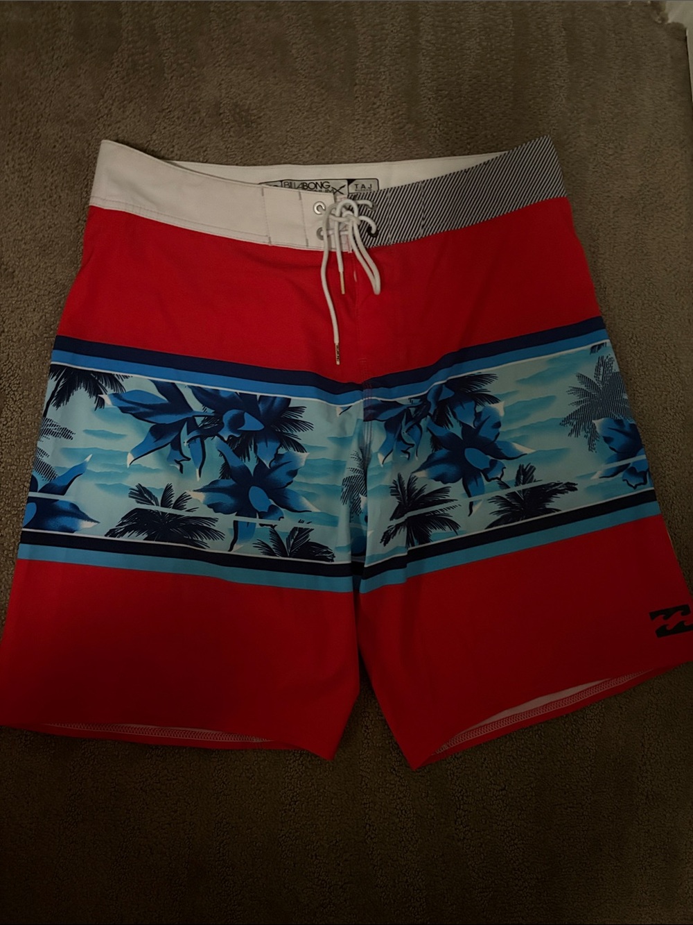 Billabong Men’s Red Boardshorts with Blue Tropical Stripe